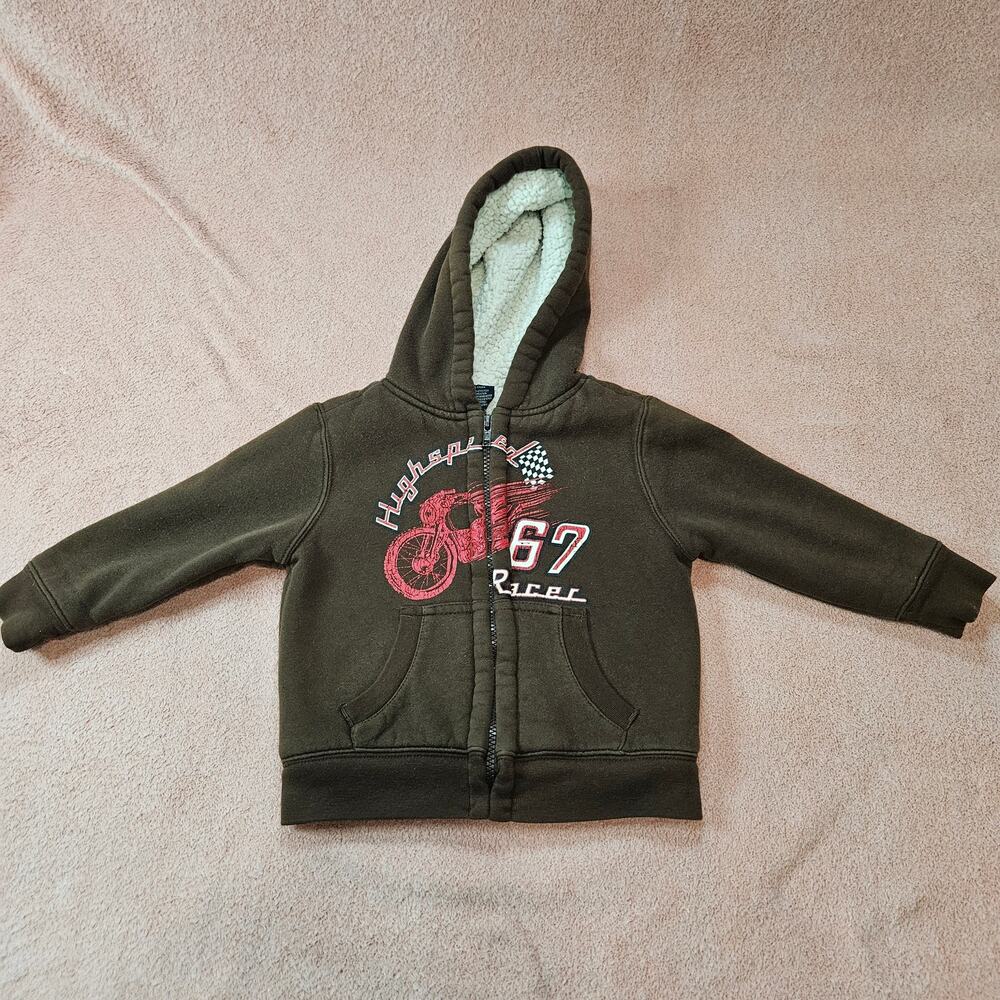 Toddler Boys High Speed 67 Racer Brown Sherpa Lined Zip-Up Hoodie Jacket 3T